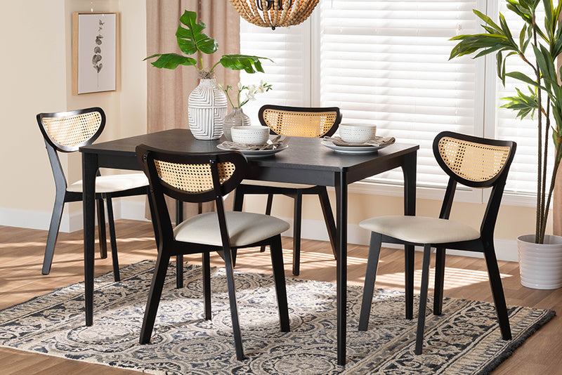 Wren Mid-Century Modern Cream Fabric and Black Finished Wood 5-Piece Dining Set