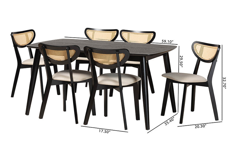 Wren Cream Fabric and Black 7-Piece Dining Set Baxton