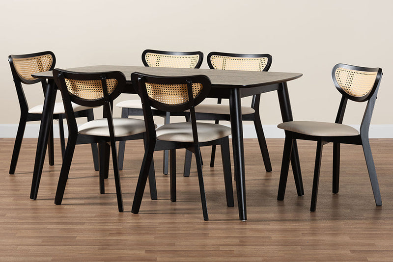 Wren Cream Fabric and Black 7-Piece Dining Set Baxton