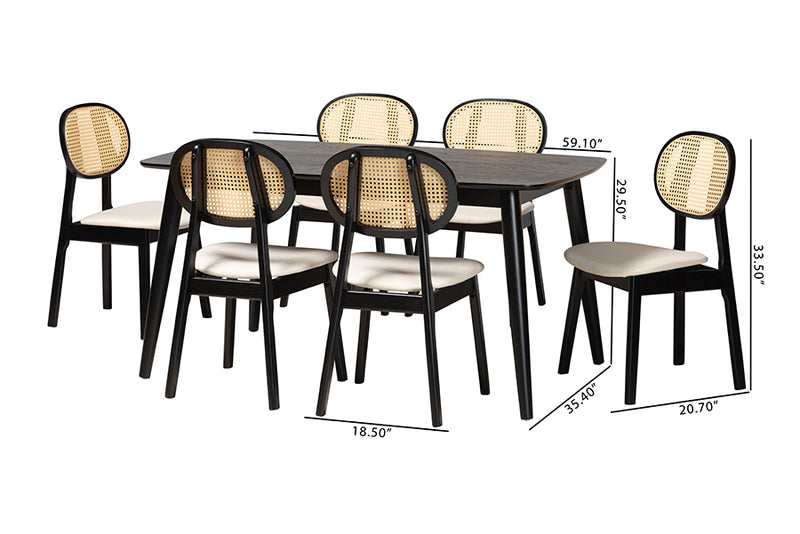 Warren Mid-Century Modern Cream Fabric and Black Finished Wood 7-Piece Dining Set