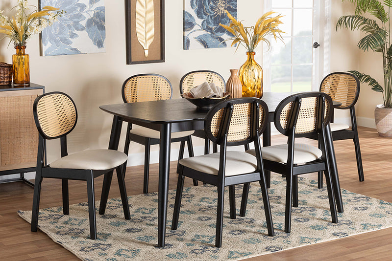 Warren Mid-Century Modern Cream Fabric and Black Finished Wood 7-Piece Dining Set