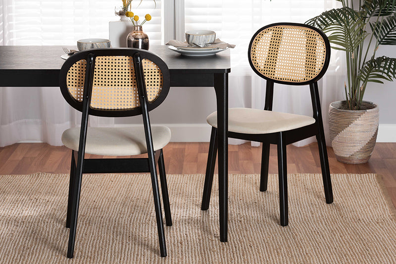 Warren Mid-Century Modern Cream Fabric and Black Finished Wood 2-Piece Dining Chair Set