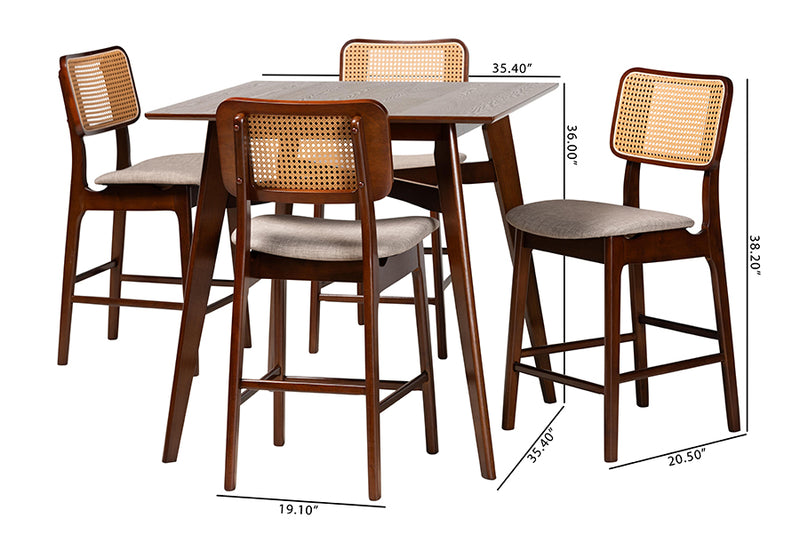 Emerson Mid-Century Modern Gray Fabric and Walnut Brown Finished Wood 5-Piece Pub Set