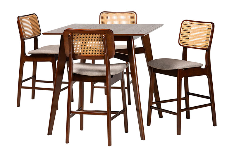 Emerson Mid-Century Modern Gray Fabric and Walnut Brown Finished Wood 5-Piece Pub Set