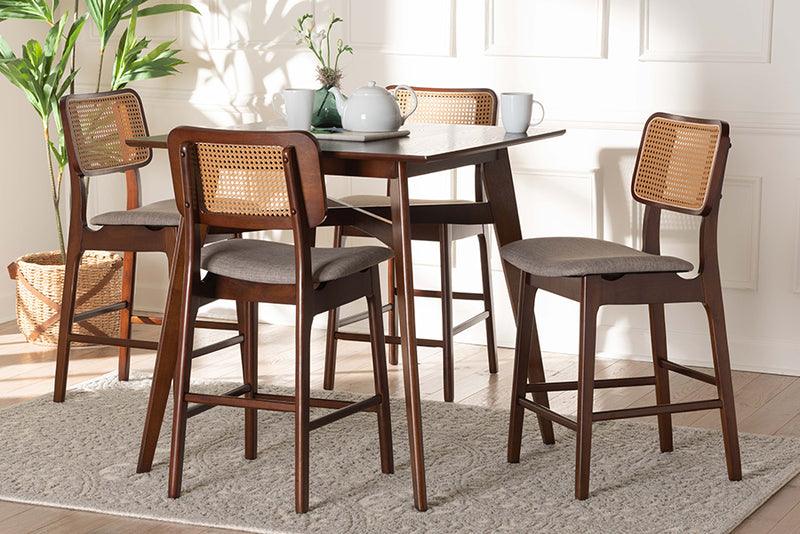 Emerson Mid-Century Modern Gray Fabric and Walnut Brown Finished Wood 5-Piece Pub Set