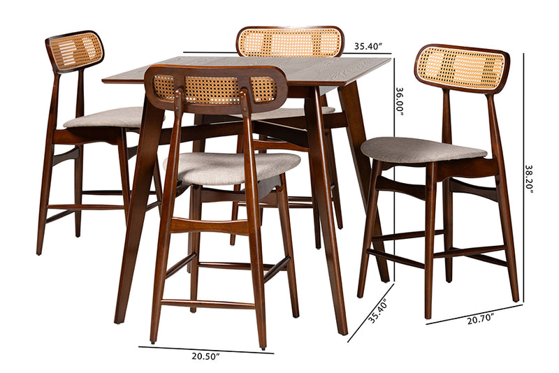 Nitza Mid-Century Modern Gray Fabric and Walnut Brown Finished Wood 5-Piece Pub Set