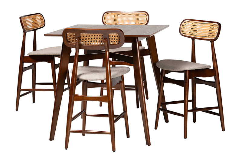 Nitza Mid-Century Modern Gray Fabric and Walnut Brown Finished Wood 5-Piece Pub Set