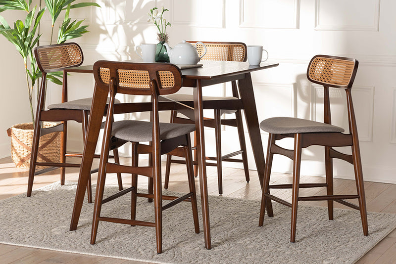 Nitza Mid-Century Modern Gray Fabric and Walnut Brown Finished Wood 5-Piece Pub Set