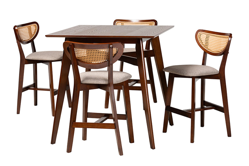 Wren Mid-Century Modern Gray Fabric and Walnut Brown Finished Wood 5-Piece Pub Set