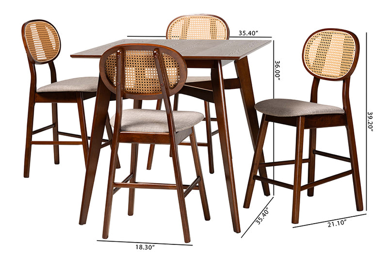 Warren Mid-Century Modern Gray Fabric and Walnut Brown Finished Wood 5-Piece Pub Set