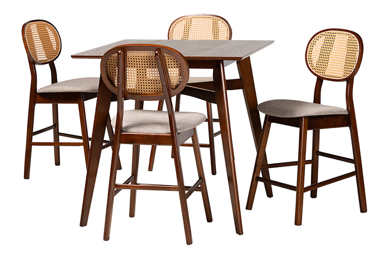 Warren Mid-Century Modern Gray Fabric and Walnut Brown Finished Wood 5-Piece Pub Set