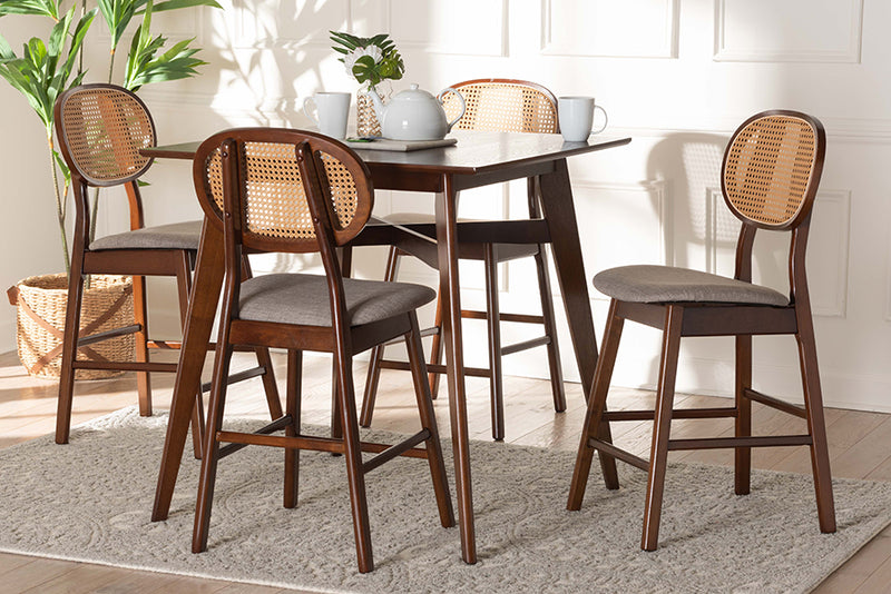 Warren Mid-Century Modern Gray Fabric and Walnut Brown Finished Wood 5-Piece Pub Set