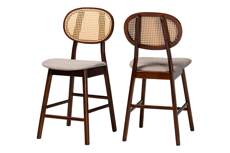 Warren Mid-Century Modern Gray Fabric and Walnut Brown Finished Wood 2-Piece Counter Stool Set