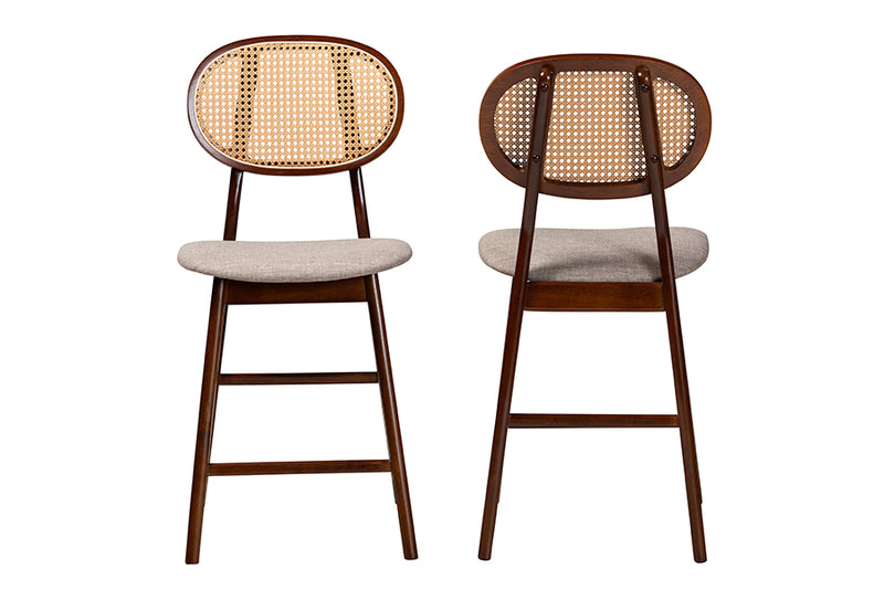 Warren Mid-Century Modern Gray Fabric and Walnut Brown Finished Wood 2-Piece Counter Stool Set