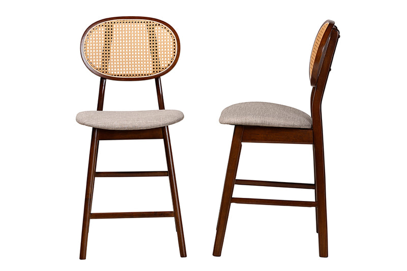 Warren Mid-Century Modern Gray Fabric and Walnut Brown Finished Wood 2-Piece Counter Stool Set