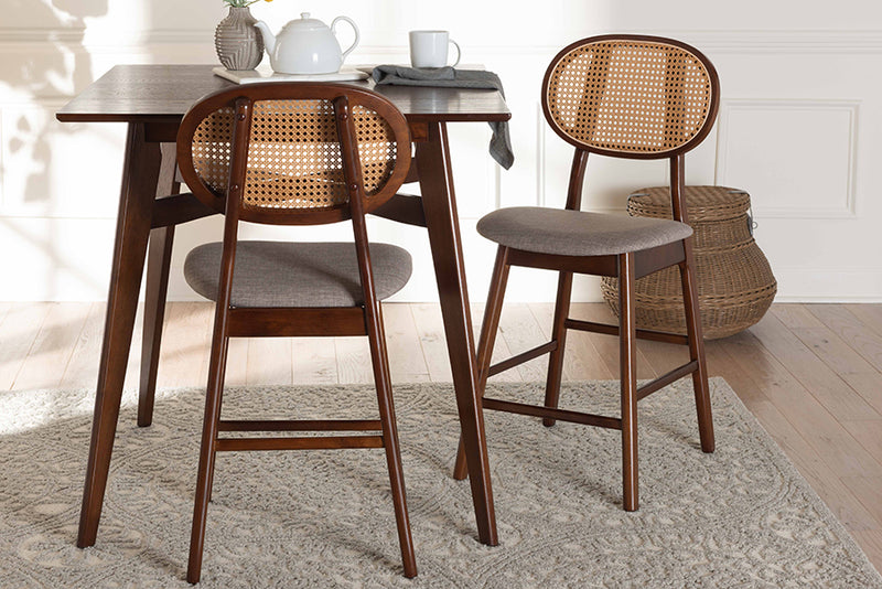 Warren Mid-Century Modern Gray Fabric and Walnut Brown Finished Wood 2-Piece Counter Stool Set