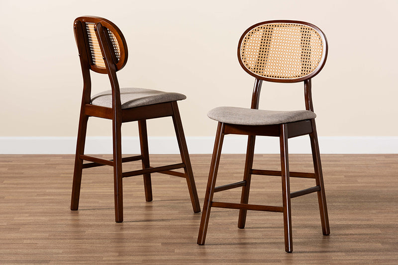 Warren Mid-Century Modern Gray Fabric and Walnut Brown Finished Wood 2-Piece Counter Stool Set