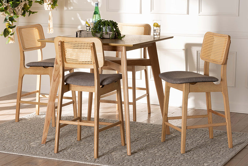 Emerson Mid-Century Modern Gray Fabric and Natural Oak Finished Wood 5-Piece Pub Set