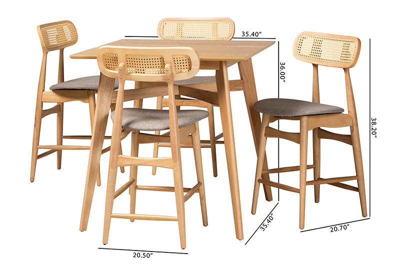 Nitza Mid-Century Modern Gray Fabric and Natural Oak Finished Wood 5-Piece Pub Set