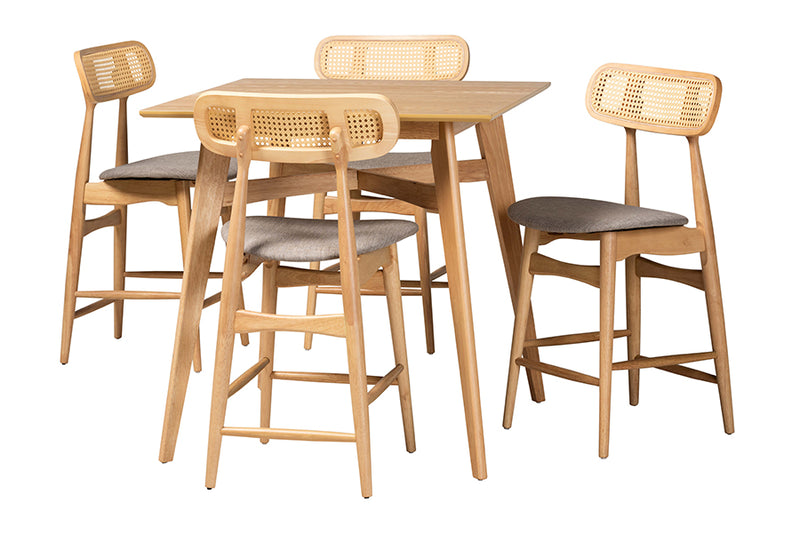 Nitza Mid-Century Modern Gray Fabric and Natural Oak Finished Wood 5-Piece Pub Set