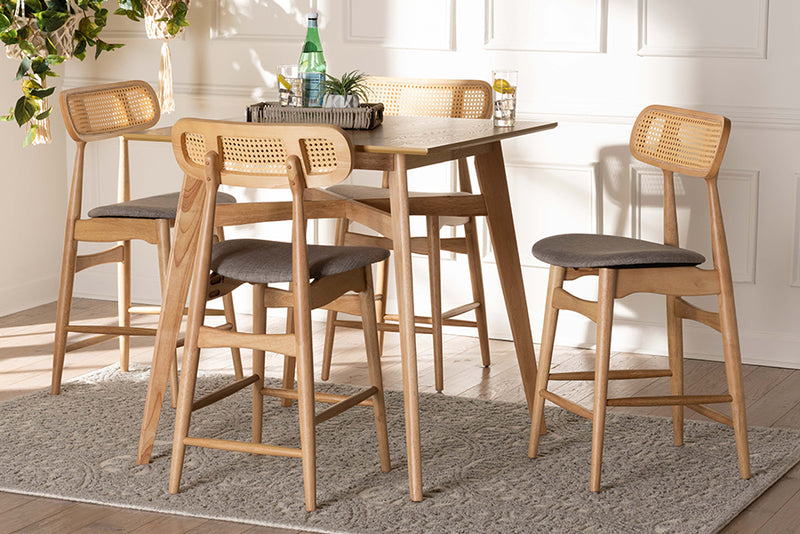 Nitza Mid-Century Modern Gray Fabric and Natural Oak Finished Wood 5-Piece Pub Set