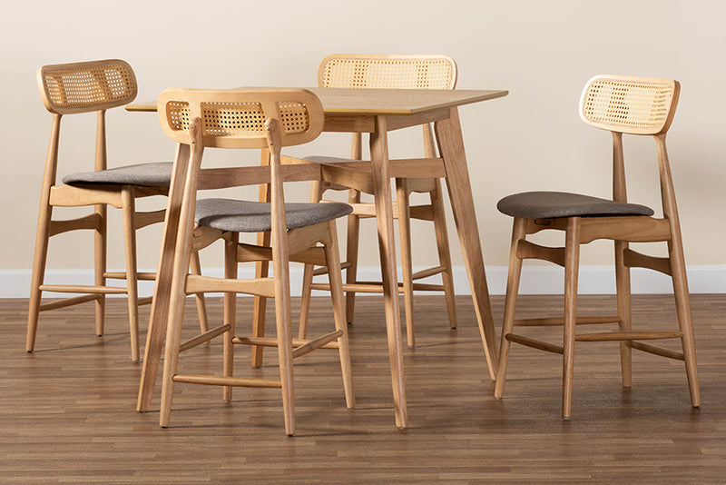 Nitza Gray Fabric and Natural Oak 5-Piece Pub Set Baxton