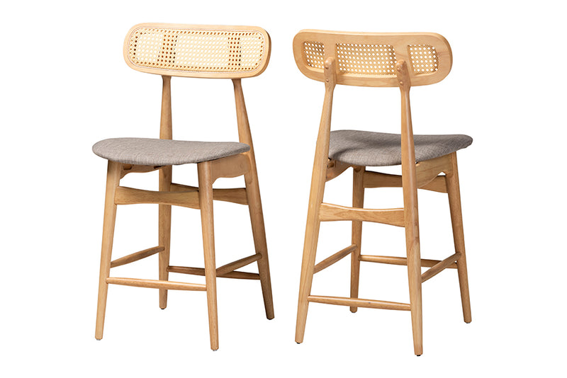 Nitza Mid-Century Modern Gray Fabric and Natural Oak Finished Wood 2-Piece Counter Stool Set