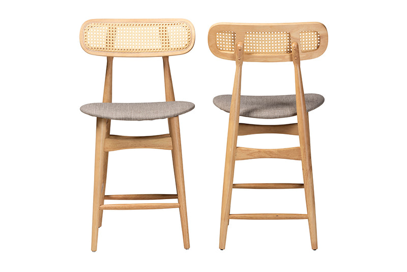 Nitza Mid-Century Modern Gray Fabric and Natural Oak Finished Wood 2-Piece Counter Stool Set