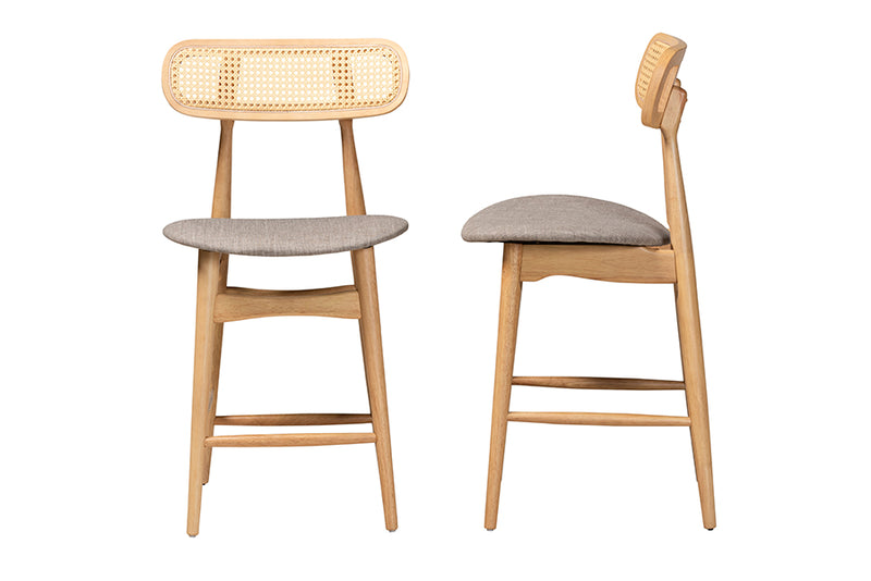 Nitza Mid-Century Modern Gray Fabric and Natural Oak Finished Wood 2-Piece Counter Stool Set