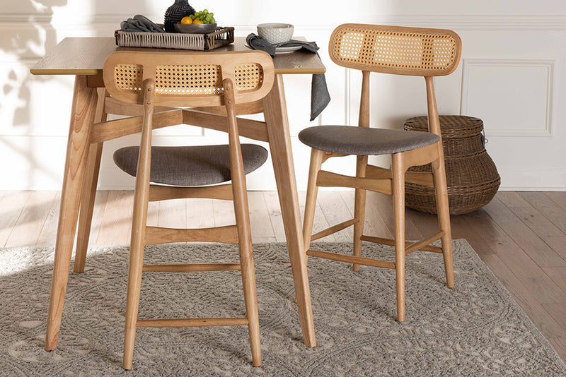 Nitza Mid-Century Modern Gray Fabric and Natural Oak Finished Wood 2-Piece Counter Stool Set