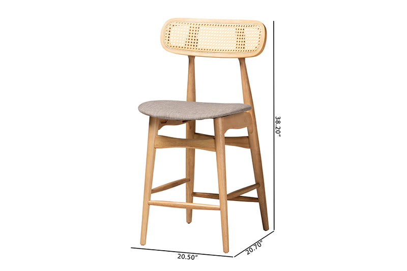 Nitza Mid-Century Modern Gray Fabric and Natural Oak Finished Wood 2-Piece Counter Stool Set