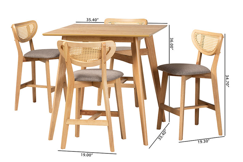 Wren Gray Fabric and Natural Oak 5-Piece Pub Set Baxton
