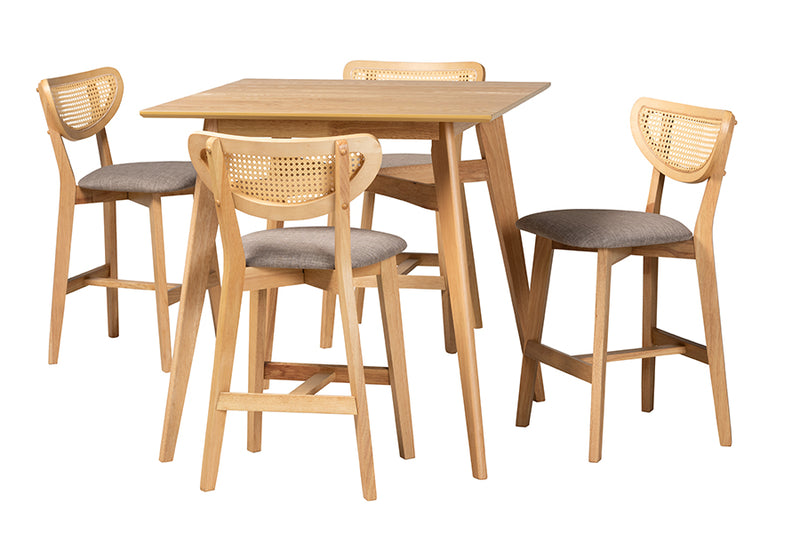 Wren Mid-Century Modern Gray Fabric and Natural Oak Finished Wood 5-Piece Pub Set