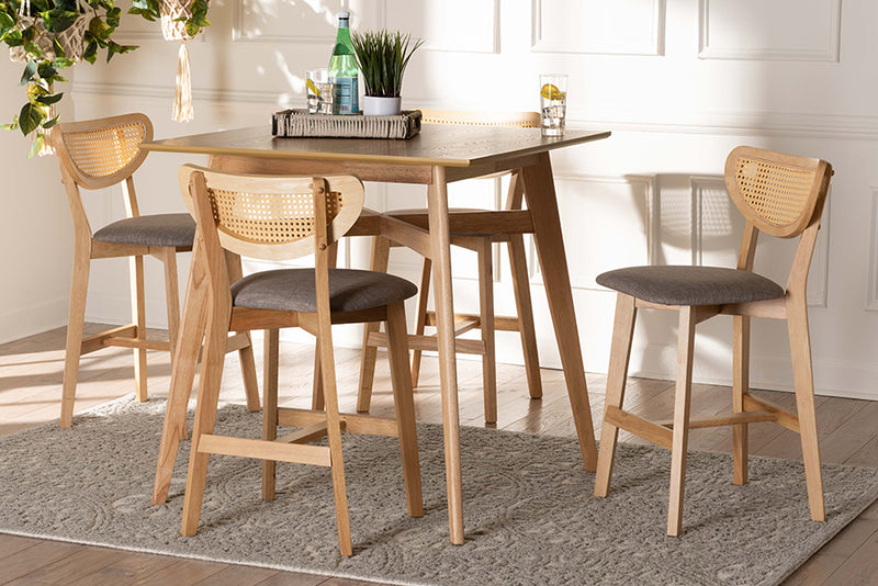 Wren Mid-Century Modern Gray Fabric and Natural Oak Finished Wood 5-Piece Pub Set