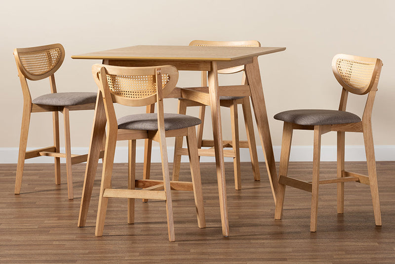 Wren Gray Fabric and Natural Oak 5-Piece Pub Set Baxton