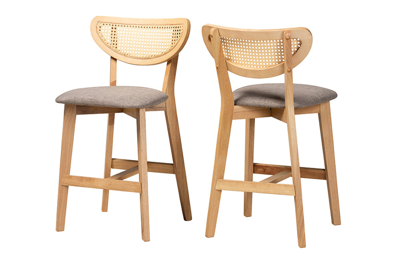 Wren Mid-Century Modern Gray Fabric and Natural Oak Finished Wood 2-Piece Counter Stool Set