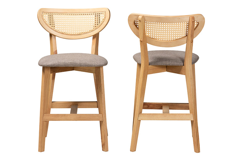 Wren Mid-Century Modern Gray Fabric and Natural Oak Finished Wood 2-Piece Counter Stool Set