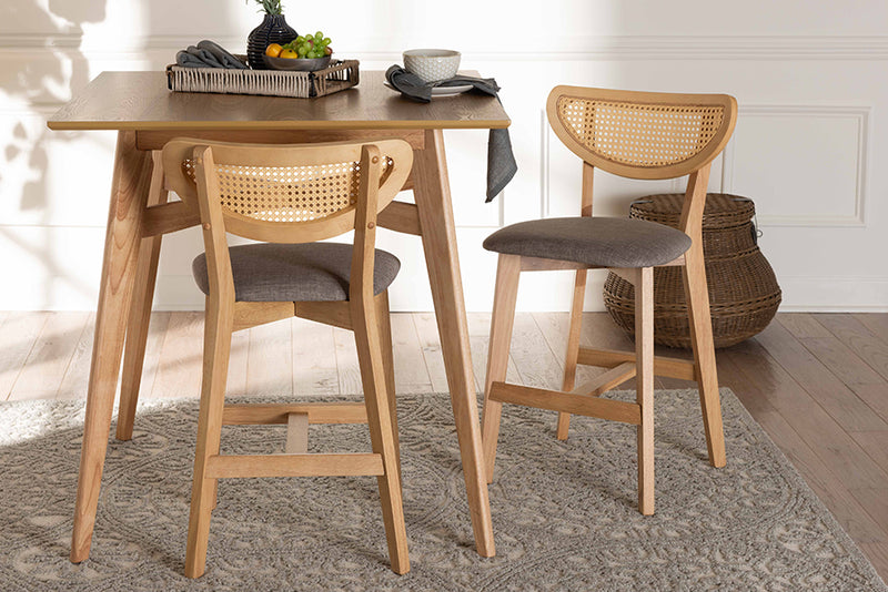 Wren Mid-Century Modern Gray Fabric and Natural Oak Finished Wood 2-Piece Counter Stool Set