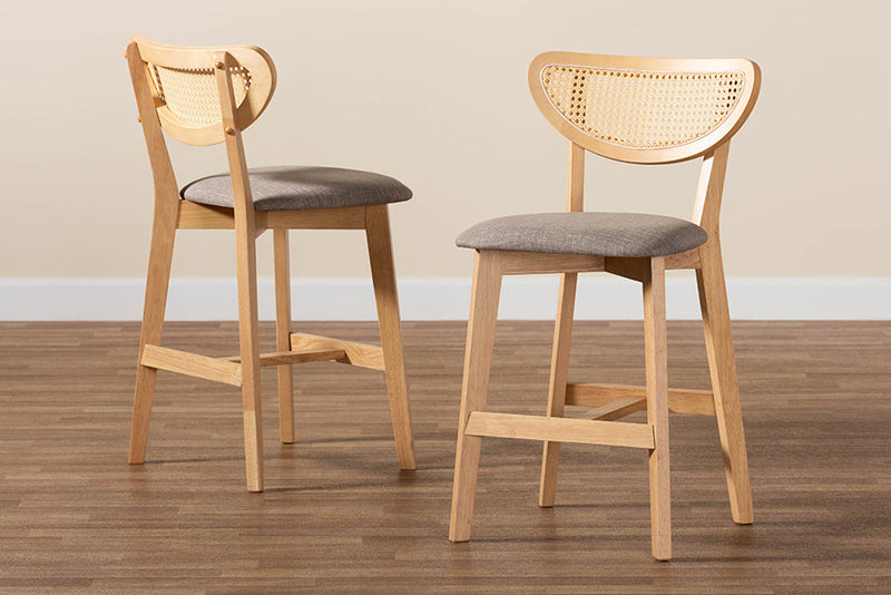 Wren Gray Fabric and Natural Oak 2Pc Counter Stool Set Baxton