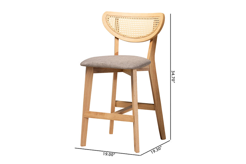 Wren Mid-Century Modern Gray Fabric and Natural Oak Finished Wood 2-Piece Counter Stool Set