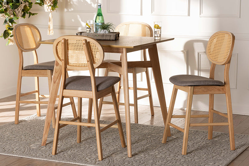 Warren Mid-Century Modern Gray Fabric and Natural Oak Finished Wood 5-Piece Pub Set