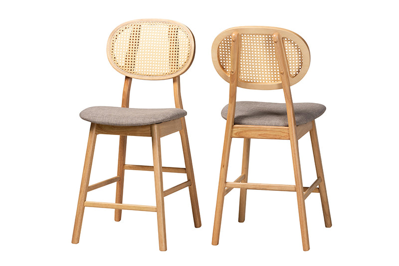 Warren Mid-Century Modern Gray Fabric and Natural Oak Finished Wood 2-Piece Counter Stool Set