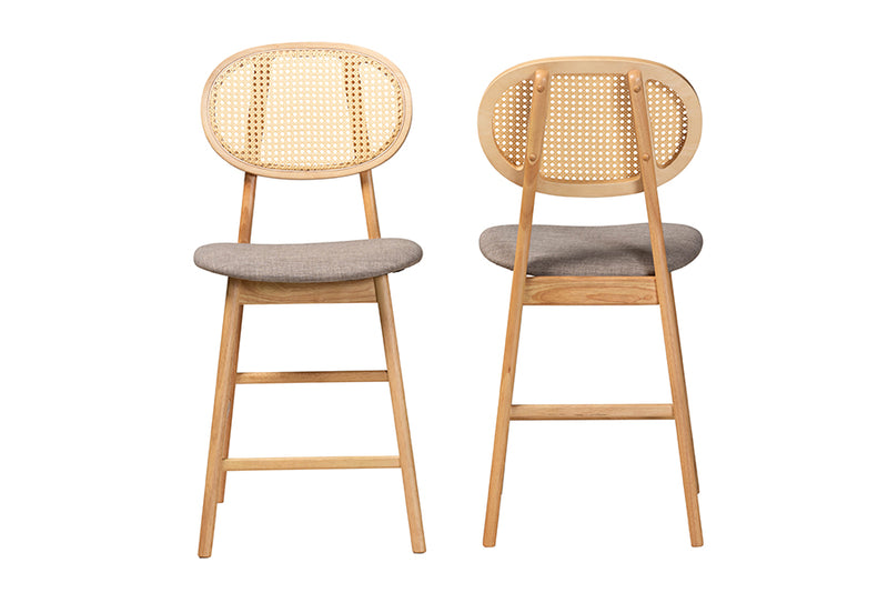 Warren Mid-Century Modern Gray Fabric and Natural Oak Finished Wood 2-Piece Counter Stool Set