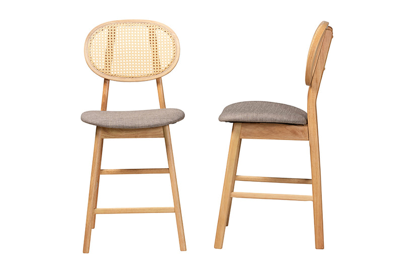 Warren Mid-Century Modern Gray Fabric and Natural Oak Finished Wood 2-Piece Counter Stool Set