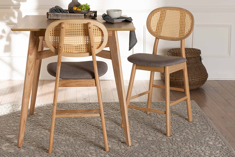 Warren Mid-Century Modern Gray Fabric and Natural Oak Finished Wood 2-Piece Counter Stool Set