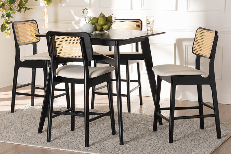 Emerson Mid-Century Modern Cream Fabric and Black Finished Wood 5-Piece Pub Set