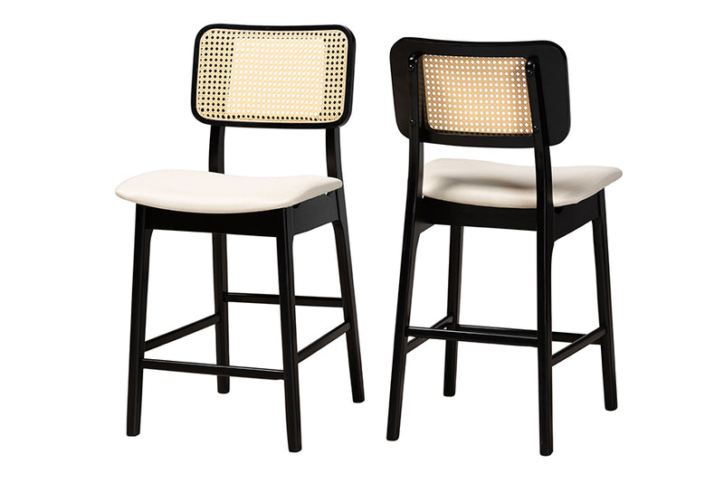 Emerson Mid-Century Modern Cream Fabric and Black Finished Wood 2-Piece Counter Stool Set