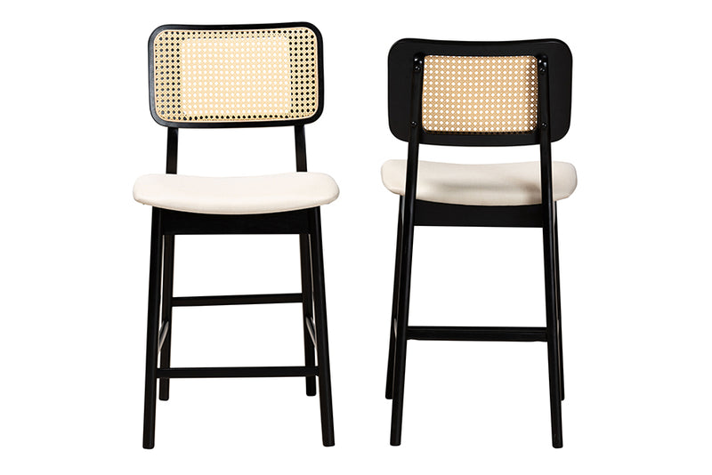 Emerson Mid-Century Modern Cream Fabric and Black Finished Wood 2-Piece Counter Stool Set