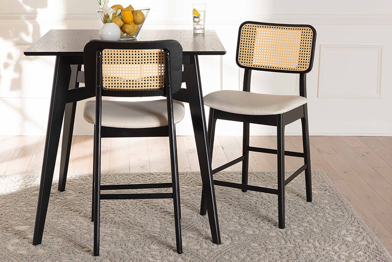 Emerson Mid-Century Modern Cream Fabric and Black Finished Wood 2-Piece Counter Stool Set