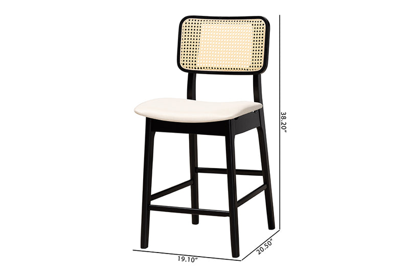 Emerson Mid-Century Modern Cream Fabric and Black Finished Wood 2-Piece Counter Stool Set